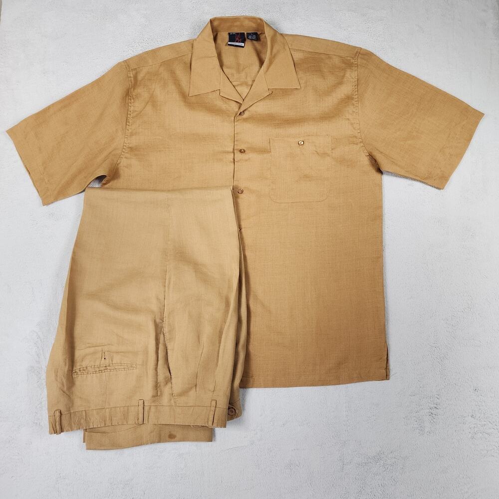 Jordan Craig Mens 100% Linen Set Shirt L / Pants 38x34 (Fit 38x31) Tan